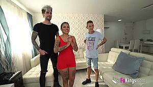 Chilean Brunette Deepthroats Two Dudes in Threesome