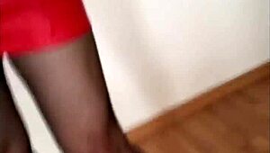 tranny in miniskirt jerks off in hot pantyhose fetish scene.