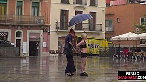Public slut faces humiliation on the street by strict domina in outdoor whipping