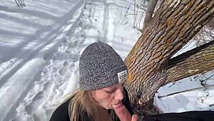 Having outdoor sex in the snowy park, moaning loudly with big natural tits bouncing 😍❄️