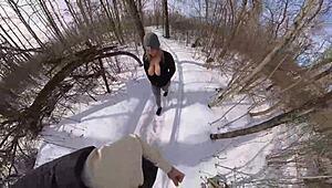 Having outdoor sex in the snowy park, moaning loudly with big natural tits bouncing 😍❄️