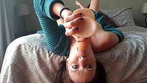 Upside down dildo gag deepthroat with sloppy rough gagging and choking