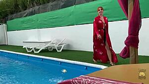 Busty Woman Enjoys Pool Time With Friend Watching