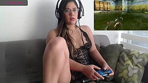 Sexy Petite Latina Teen Enjoying Video Game Session With Friends