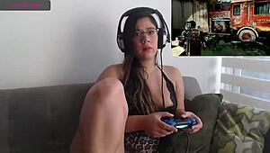 Sexy Petite Latina Teen Enjoying Video Game Session With Friends