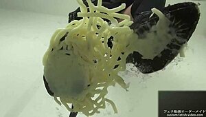 Japanese girl stomps noodles in shoes, teasing ass fetish