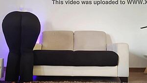 Curvy woman cleans apartment in tight leggings and pants