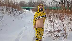 Winter Naked Stories of Outdoor Wife Flashing Shaved Pussy in Snow