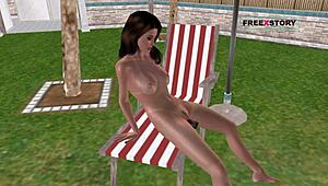 Cute girl uses bottle for self-pleasure by the pool