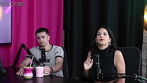 a polyamorist woman enjoying lingerie menage with some obstacles in sheer red