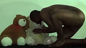 in a furry roleplay, brown and caucasian bears enjoy bisexual threesome with toys and kissing.