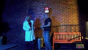 I, a MILF with big boobs in stockings, suck a dick and fuck in cowgirl at the bus stop, getting cum on face