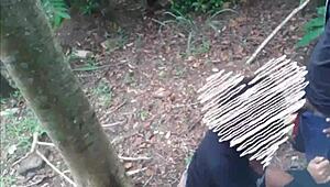 Interracial Amateur Couple Fucks Outdoors in the Forest, Milf in Public