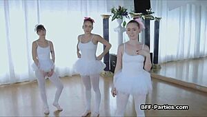 three teen ballerinas taking turns on one big cock, sucking and fucking