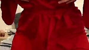 brunette feels pleasure in red lingerie touching her big tits