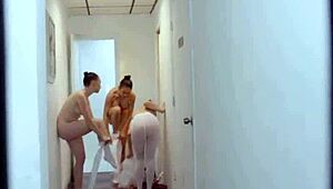 three teen ballerinas taking turns on one big cock, sucking and fucking