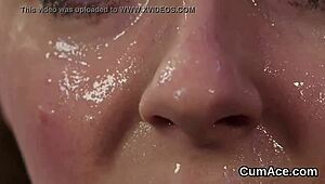 Hot looker receives bukkake cumshot on face