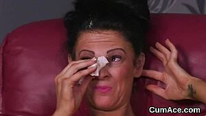 wacky stunner gets cumshot on her face gulping all the spunk 😏