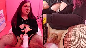 Chubby shemale hottie Pinky intensely strokes and fucks big toy in POV close-up cumshot