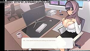 Why is my tsundere milf boss teasing me with her massive tits in this hentai game?