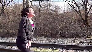 mother-in-law gets messy bukkake on the railroad