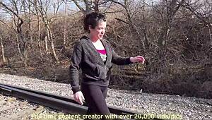 mother-in-law gets messy bukkake on the railroad