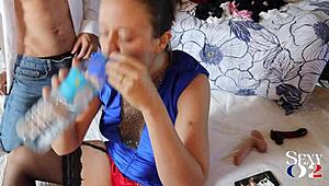 French amateur in blue lycra dress and red satin panties does deepthroat and rimming