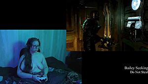 Naked brunette plays dead space part 5 with big natural tits on display.