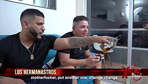 Two guys fuck petite Venezuelan redhead in living room