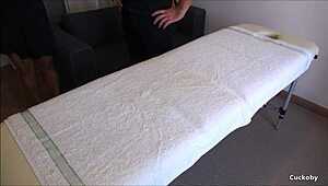 Amateur masseur provides professional home massage to sexy housewife, leading to sex, cumshot, and cuckold with husband.