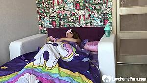 I Love Morning Masturbation in My Bed. Amateur Brunette Teen Reaches Orgasm with Small Tits Exposed in Horny Homemade Scene.