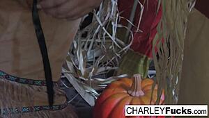 Charley, the brunette babe, masturbates solo and cums all over herself