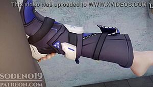 silver wolf caught masturbating, gives footjob and blowjob