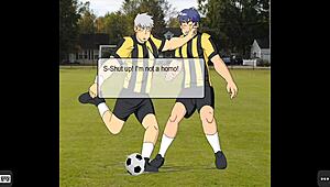 He plays a gay porn game with blowjobs and sex.