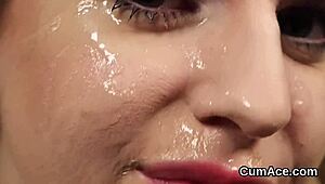 feisty hottie gets a facial shot while sucking cum