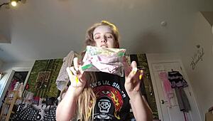 Blonde masturbates with wet messy gym socks