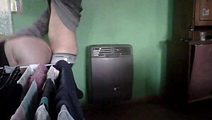 latina milf couple fucking in kitchen by heater