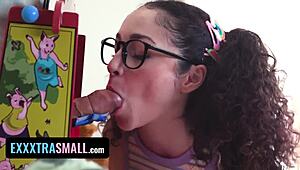 Petite Pigtail Cutie in Fishnets Stretched Pussy on Exxxtra Small