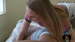 Blonde Gives Interracial Morning Wake-Up with Deepthroat Action