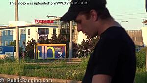 a cute blonde gets drilled by 2 guys in public street orgy