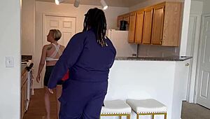 A petite 18+ woman helps the maintenance man relax with a cool drink in this free preview.