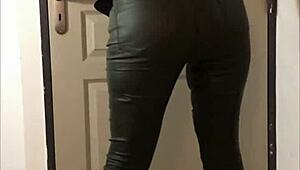 French amateur flaunts leather pants and satin lingerie in pov.