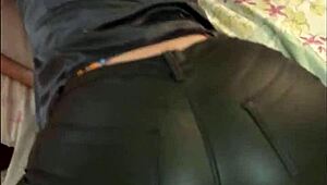 French amateur flaunts leather pants and satin lingerie in pov.