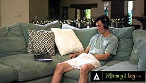 Busty milf Rachael Cavalli gets aroused catching a sex addict guy masturbating.