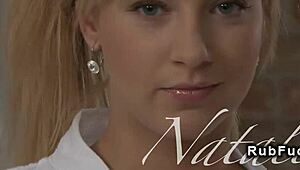 masseur works busty blonde until her pussy drips with pleasure