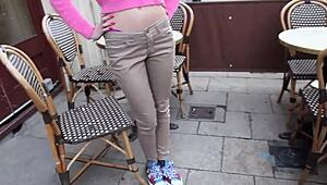british girl flashing in jeans outdoors