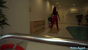 public agent european brunette with natural tits glasses blowjob monster cock risky sex at indoor swimming pool