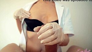 this sexy nurse eva myst gives a professional handjob with mask, gloves, and oil.