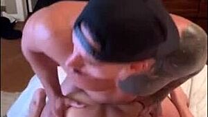 Gay stripper in hotel rips clothes for intense blowjob and riding