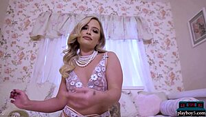 Holy cow! Check out this blonde MILF Jackie with a big round ass stripping for Playboy in the bedroom